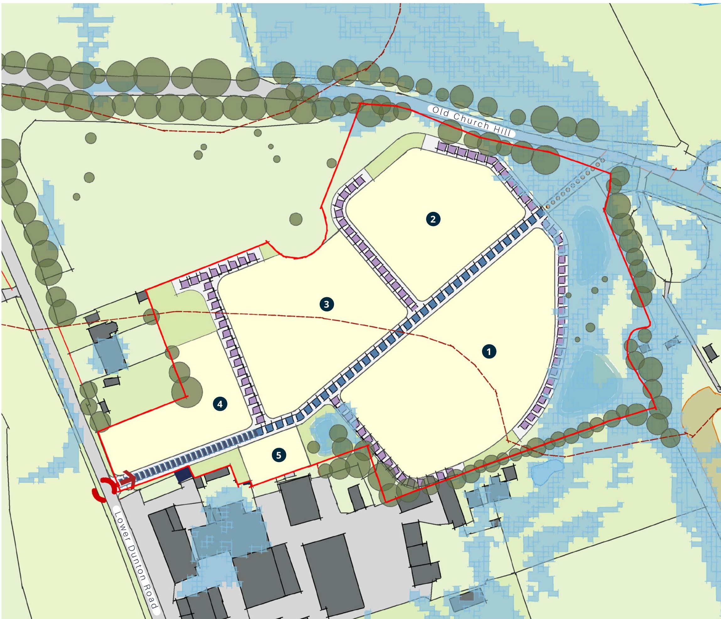 Concept plan showing development plots arranged around a central street, with a link to Lower Dunton Road, active travel link, retained perimeter greenery and open space.