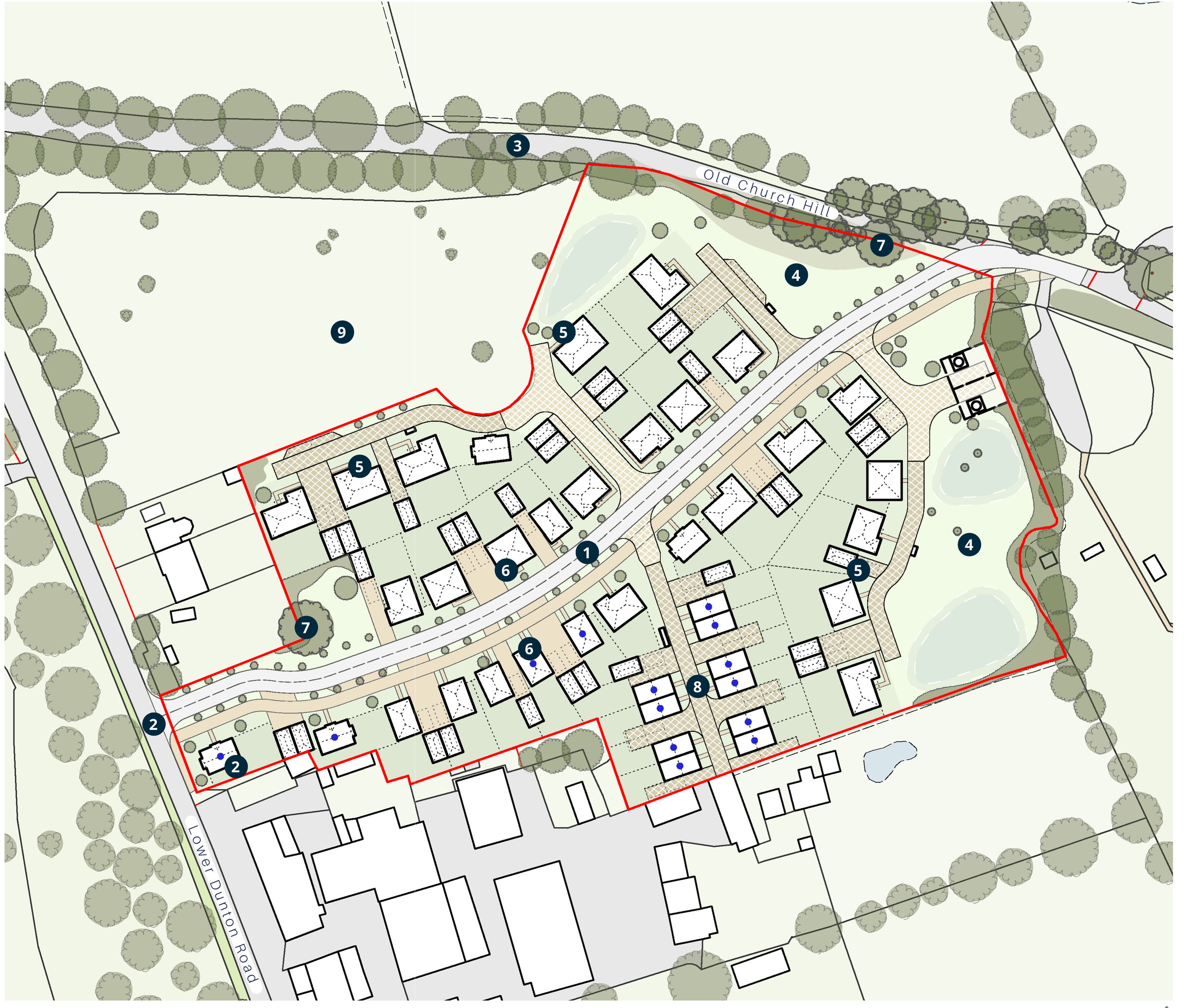Indicative sketch layout showing homes arranged around a tree-lined central street, with the site boundary marked in red, affordable homes marked with blue circles, retained trees and new open space.