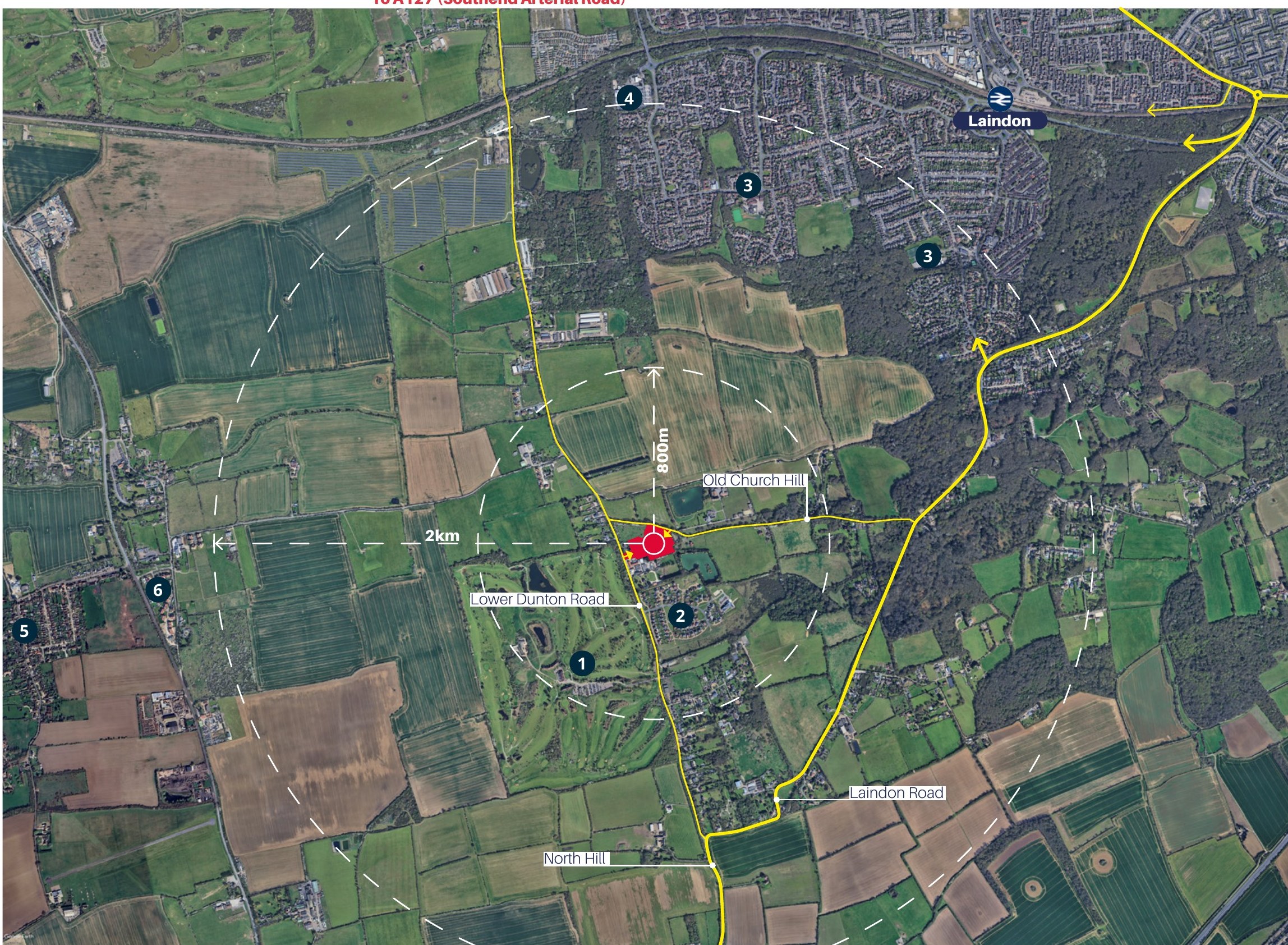 Context plan showing the site in relation to Laindon, Bulphan, Laindon railway station, local schools, the A127 and A13 and surrounding roads.