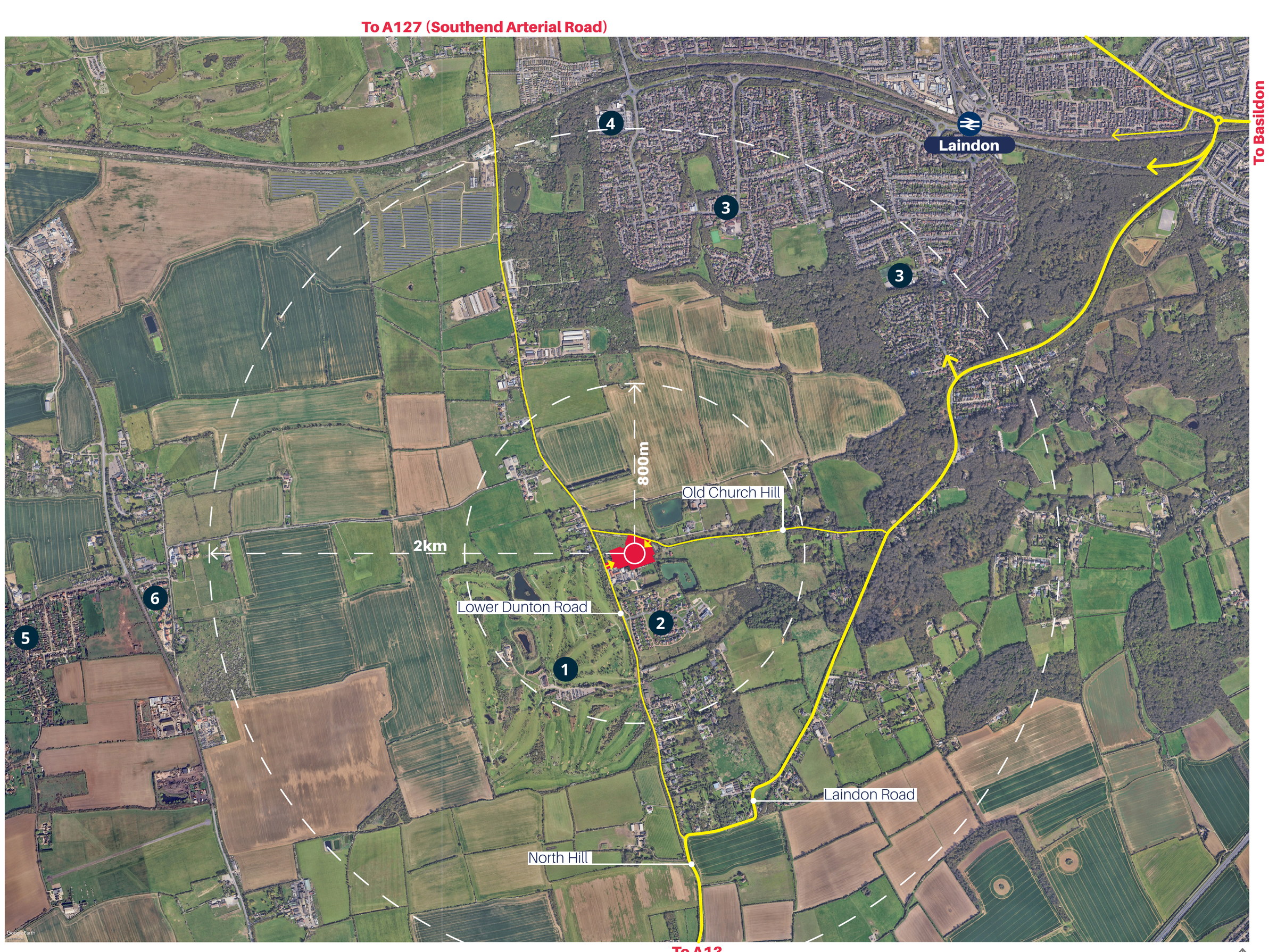 Context plan showing the site in relation to Laindon, Bulphan, Laindon railway station, local schools, the A127 and A13 and surrounding roads.