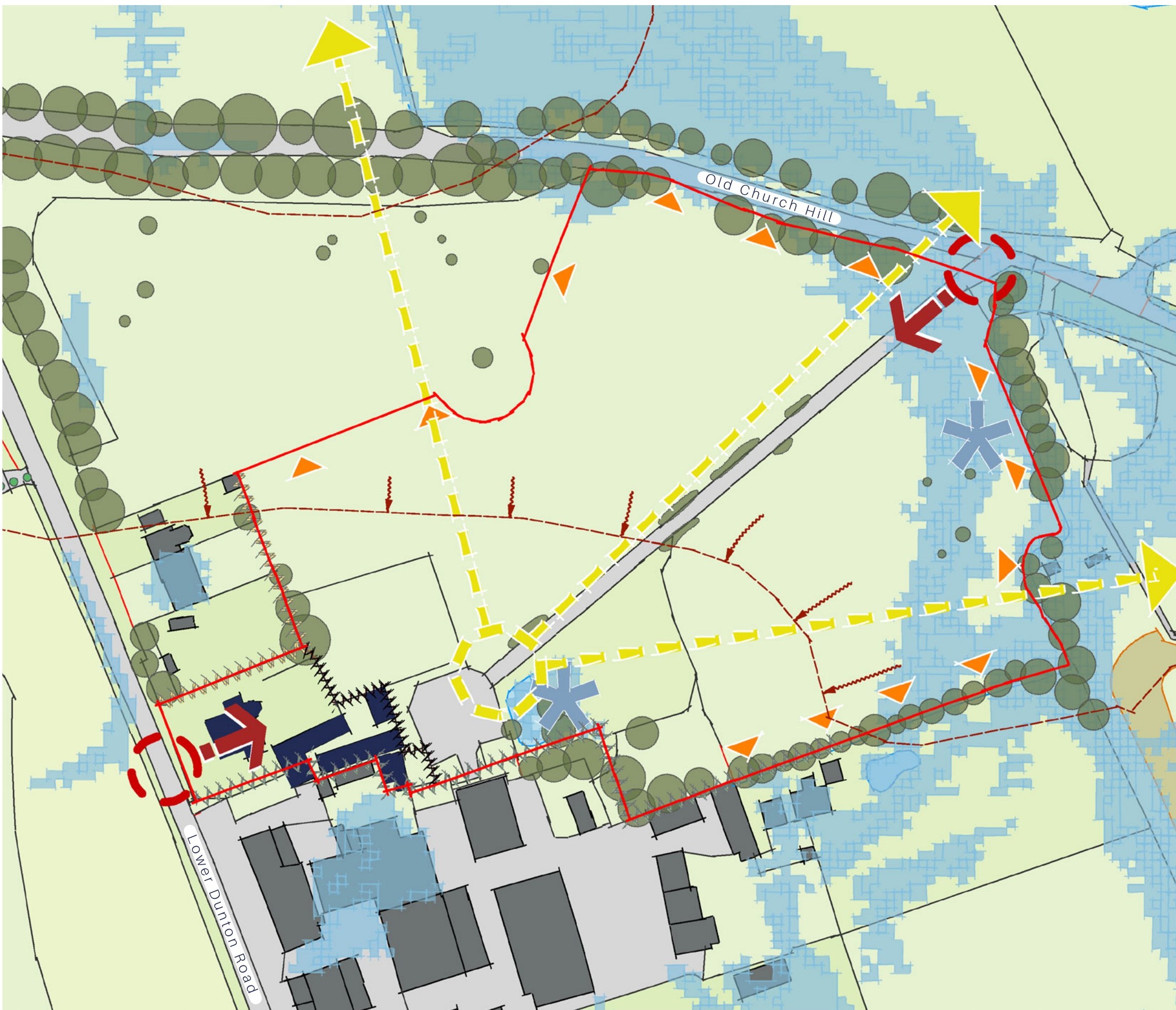 Opportunities and constraints diagram showing existing greenery, long views, immediate views, surface water flooding, gradient, site access and SuDS locations.