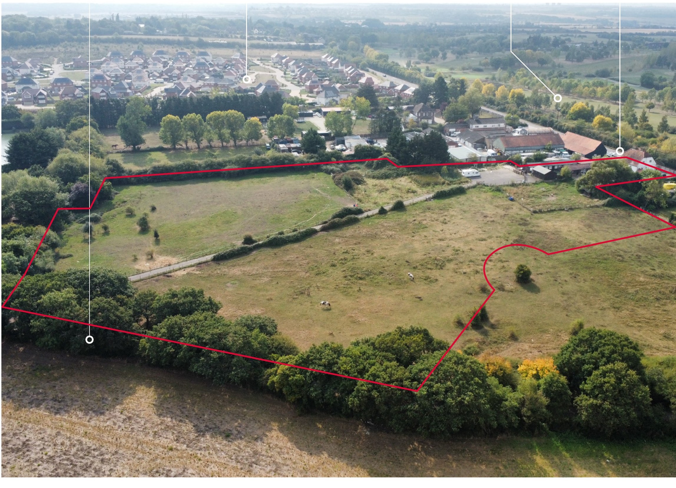 Aerial photograph of the site with the approximate site boundary marked in red, showing Old Church Hill, The Shires development, Langdon Hills Golf Country Club & Hotel and Lower Dunton Road.