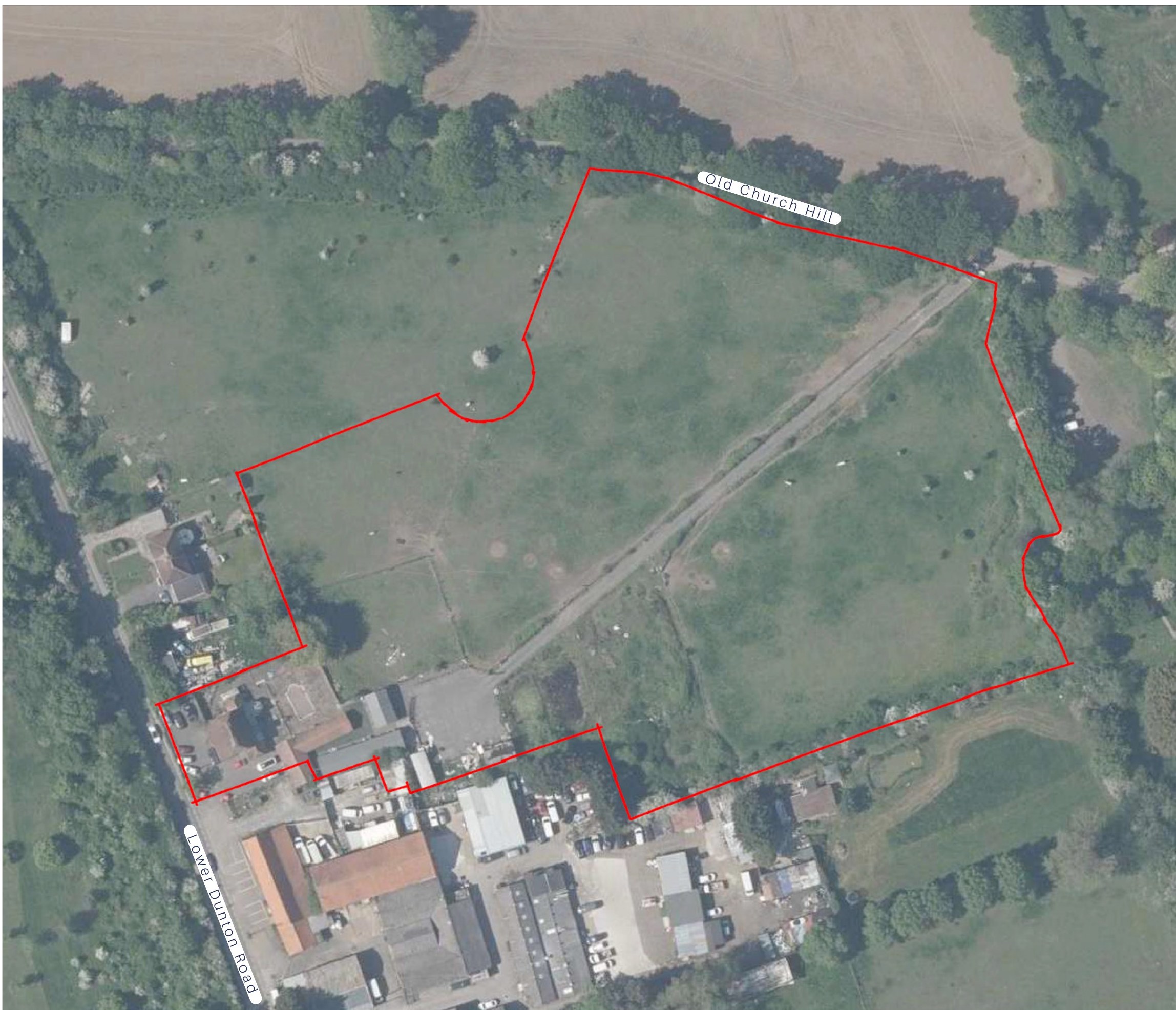 Top-down aerial plan of the existing site with the site boundary marked in red, labelling Old Church Hill and Lower Dunton Road.